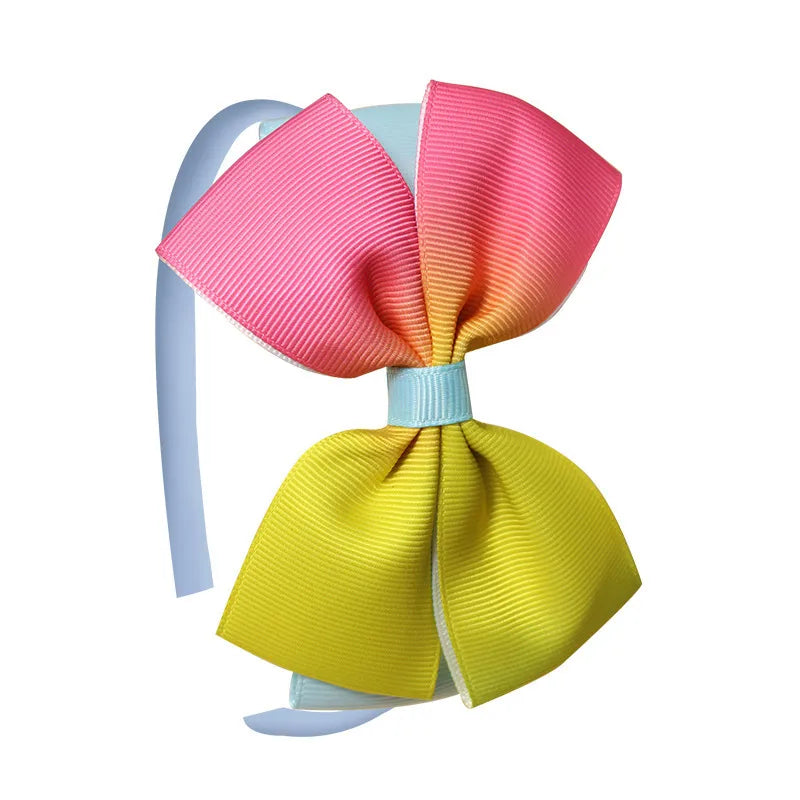 Popular Kidsren's Pure Color Ribbed Rainbow Bow Head Buckle Small Fresh Versatile Girl Headband Hot Sale