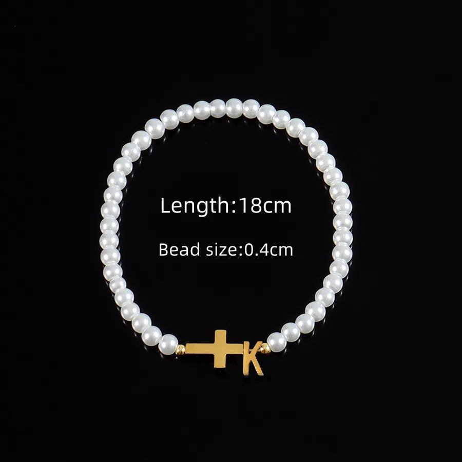 Classic Style Cross Letter 304 Stainless Steel Artificial Pearl Beaded Chain Beaded Bracelets Wholesale