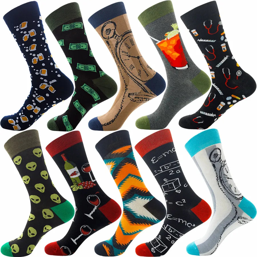 Men's Modern Style Classic Style Color Block Stripe Fruit Cotton Crew Socks A Set of 10 Pairs