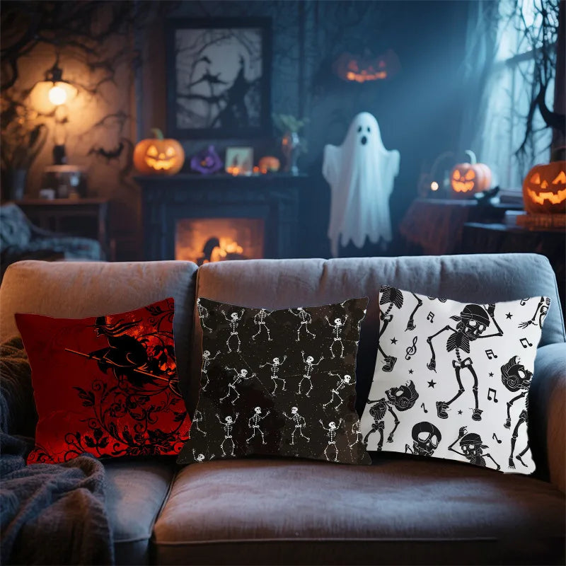 Retro Halloween Skeleton Print Sofa Pillowcase Living Room Decorative Cushion Cover Simple Style Printed Throw Pillow Case
