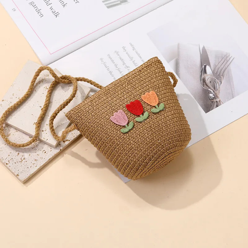 Summer Back Seaside Woven Children's Bag Female All-Match and Cute Little Girl Tulip Straw Bag Vacation Style