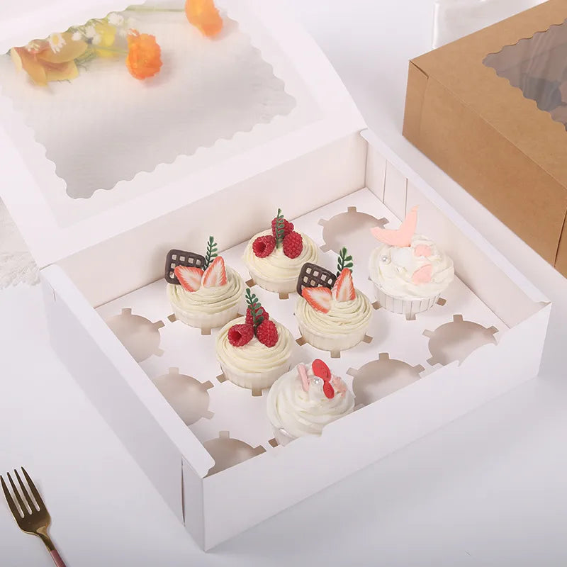 12-Pack Cupcake Boxes Pastry Baking Paper Transparent Window Cake Packaging Boxes Pastries Storage Simple Style Egg Tart Boxes