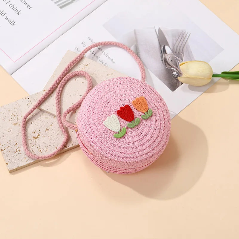 Summer Back Seaside Woven Children's Bag Female All-Match and Cute Little Girl Tulip Straw Bag Vacation Style