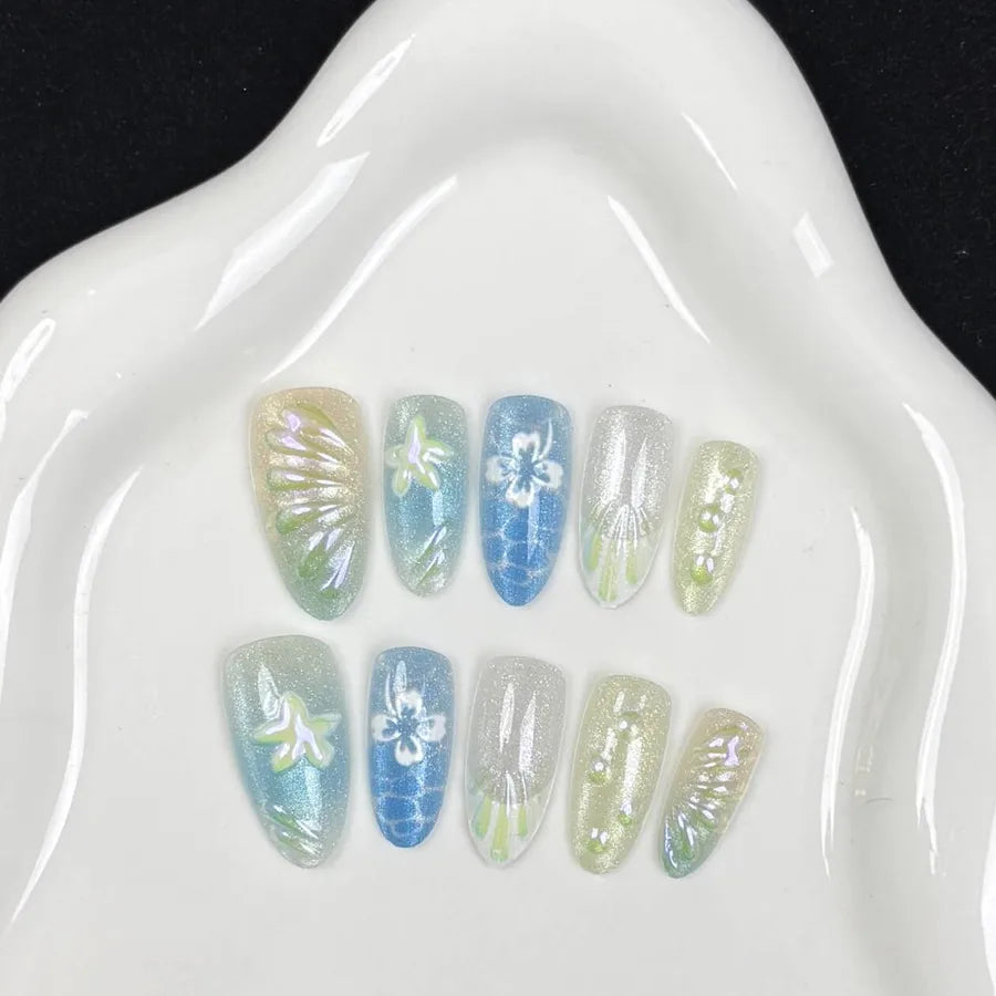 Handmade Almond Nail Press-Ons 3D Floral Shell Design Gradient White Effect European Style Nail Art False Nails Set