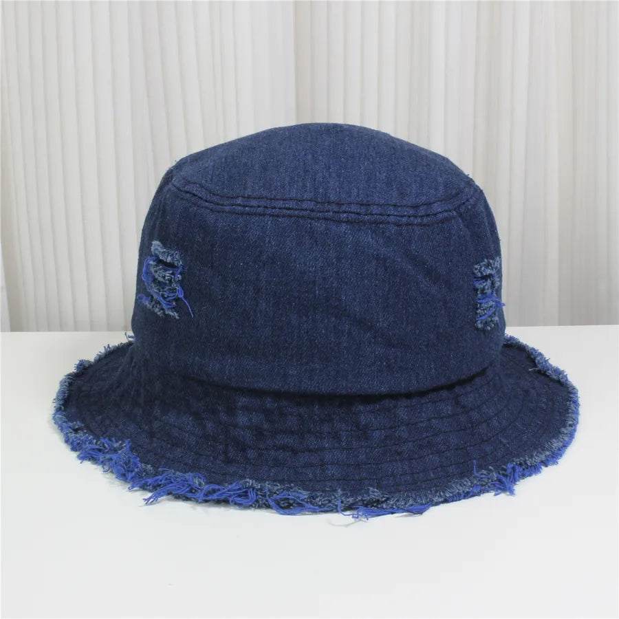 Retro New Style Denim Fishing Cap Women's Harajuku Sun Protection Bucket Hat Cuffed Tear Design Casual Versatile Streetwear
