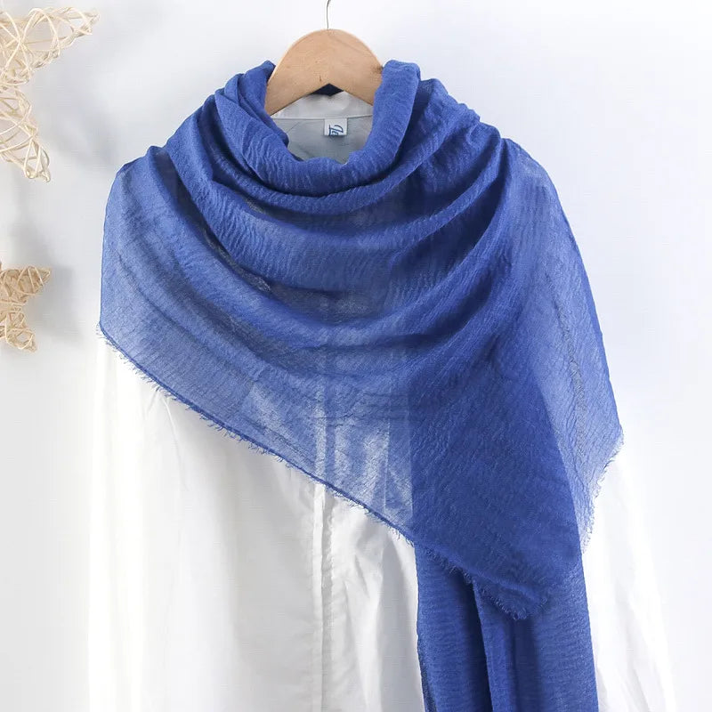 Hot selling solid color pleated cotton and linen scarf women's bag headscarf crumpled hair fringe bubble scarf women's scarf cover head