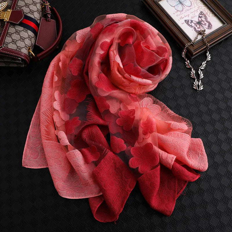 Women's Elegant Flower Polyester Silk Scarf