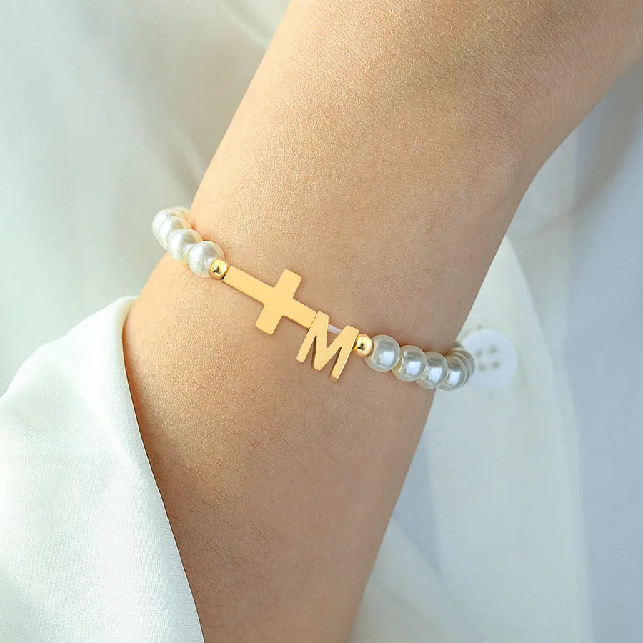 Classic Style Cross Letter 304 Stainless Steel Artificial Pearl Beaded Chain Beaded Bracelets Wholesale