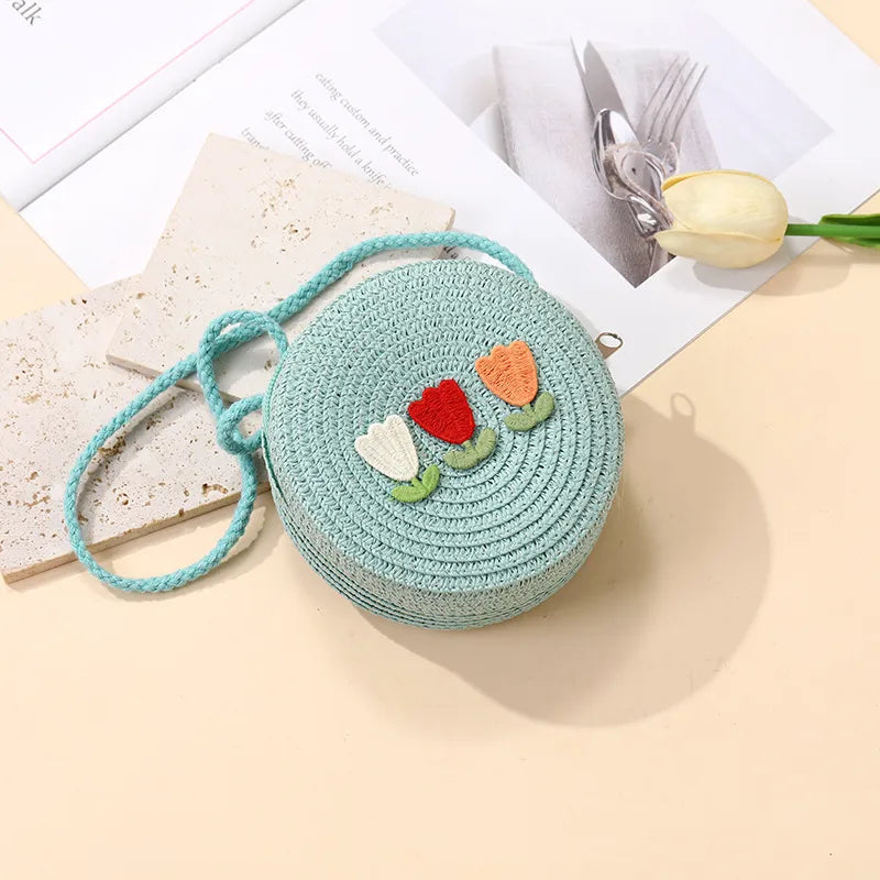 Summer Back Seaside Woven Children's Bag Female All-Match and Cute Little Girl Tulip Straw Bag Vacation Style