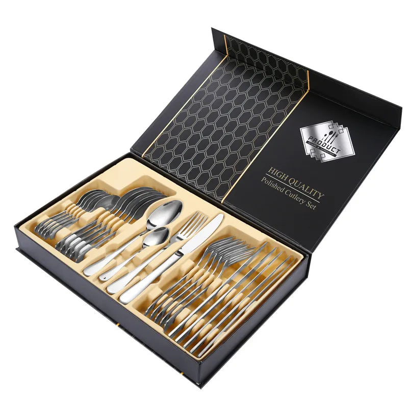 1010 stainless steel tableware 24-piece golden steak knife, fork and spoon gift box Western tableware suit