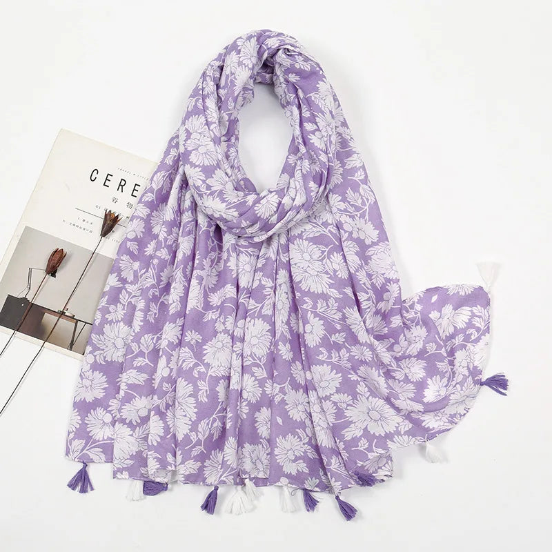 women's sweet flower cotton and linen tassel silk scarves