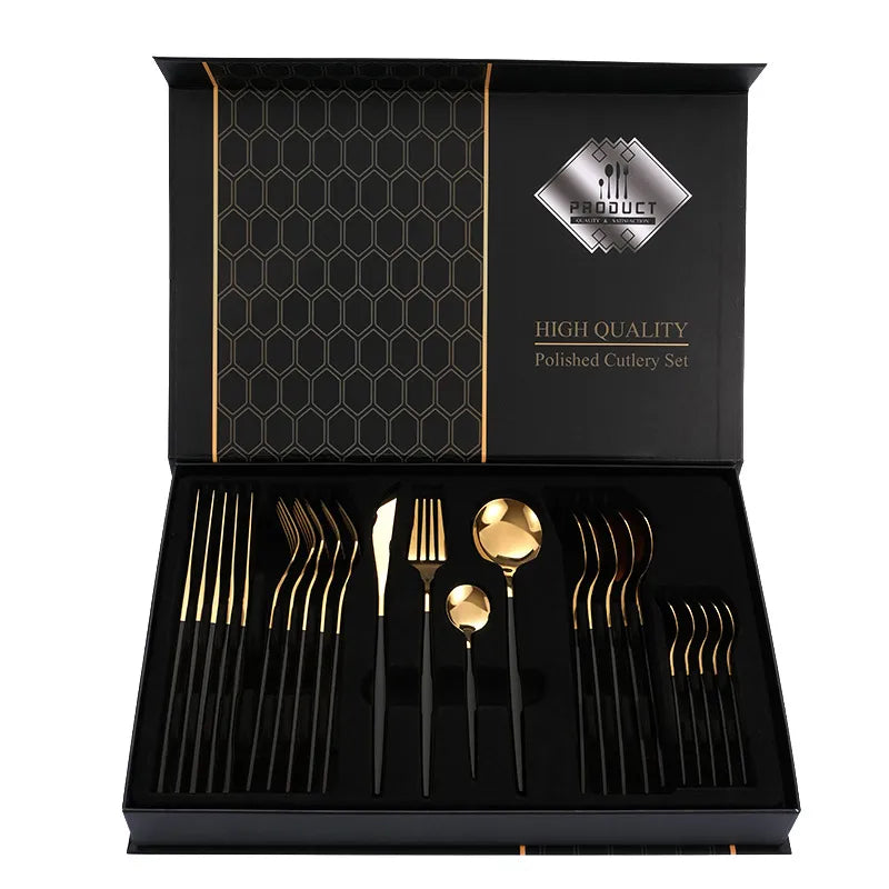 1010 stainless steel tableware 24-piece golden steak knife, fork and spoon gift box Western tableware suit