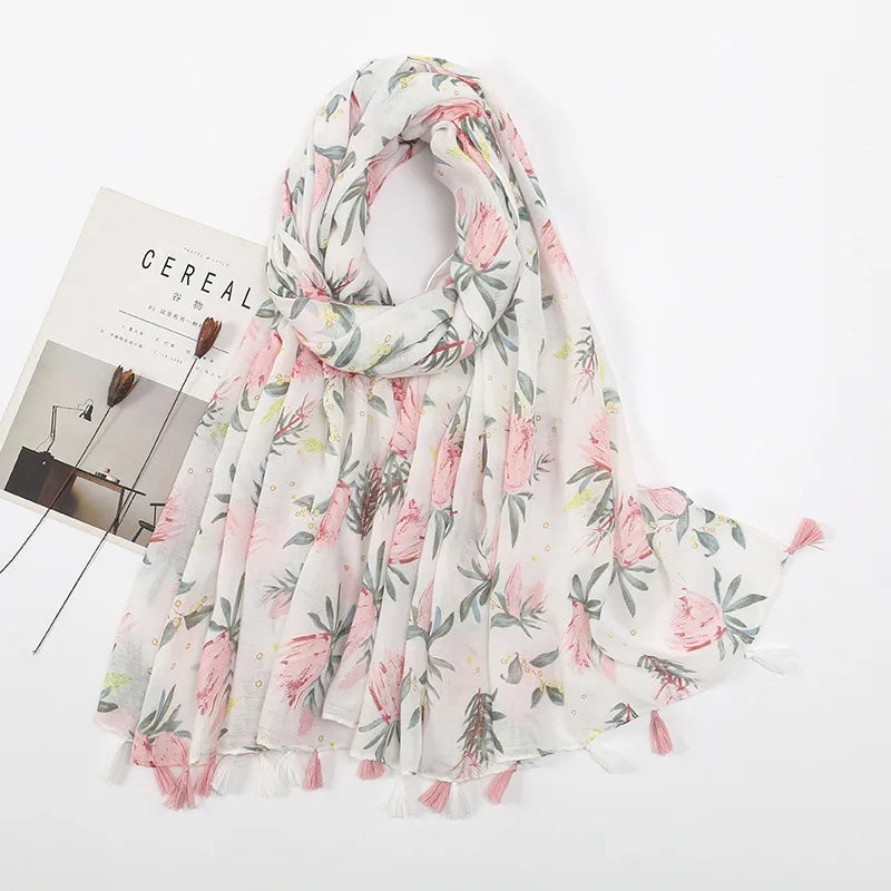 women's sweet flower cotton and linen tassel silk scarves