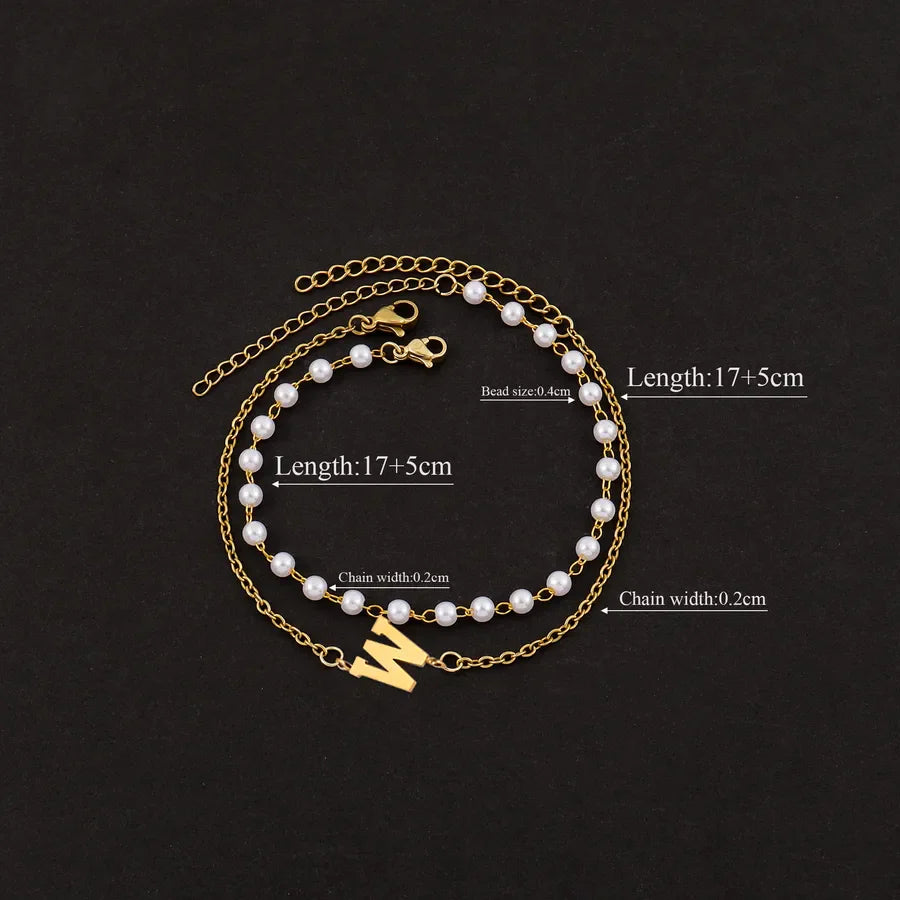 Elegant Simple Style Classic Style Letter 201 Stainless Steel 304 Stainless Steel Imitation Pearl Beaded Chain cable chain Beaded Bracelets Wholesale