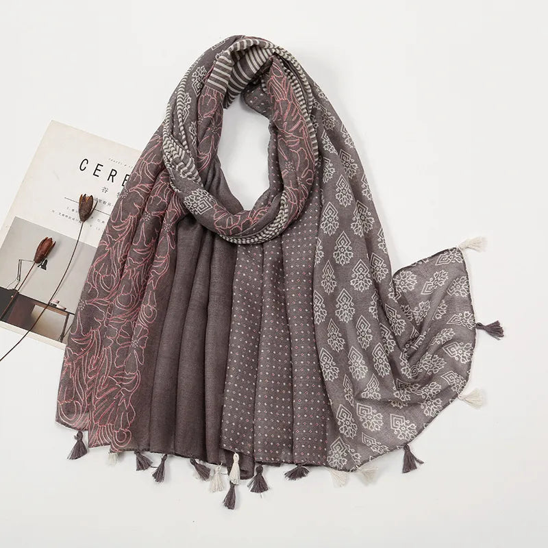 women's sweet flower cotton and linen tassel silk scarves