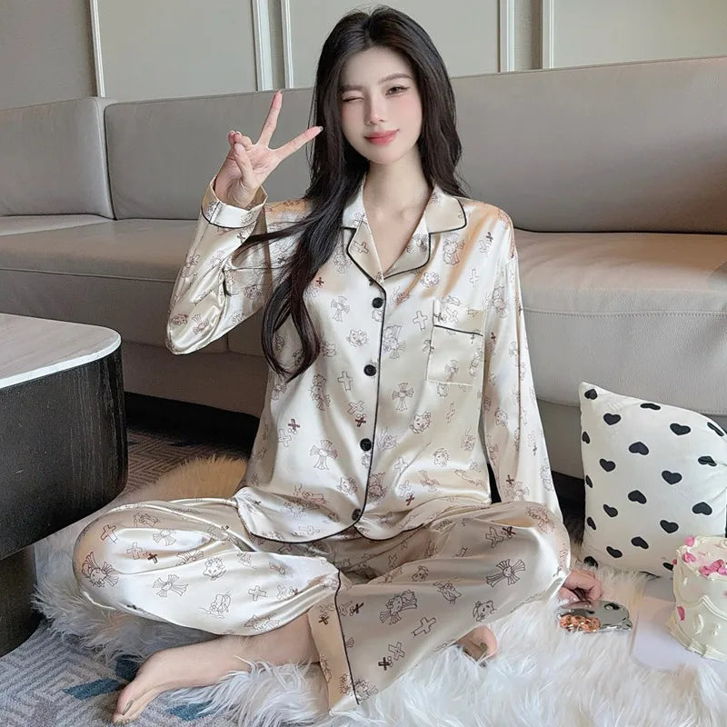 French Anti-Aging Sleepwear Women's Spring Autumn New Simple Polka Dot Long Sleeve Long Pants Ice Silk Home Clothes Fashion Set