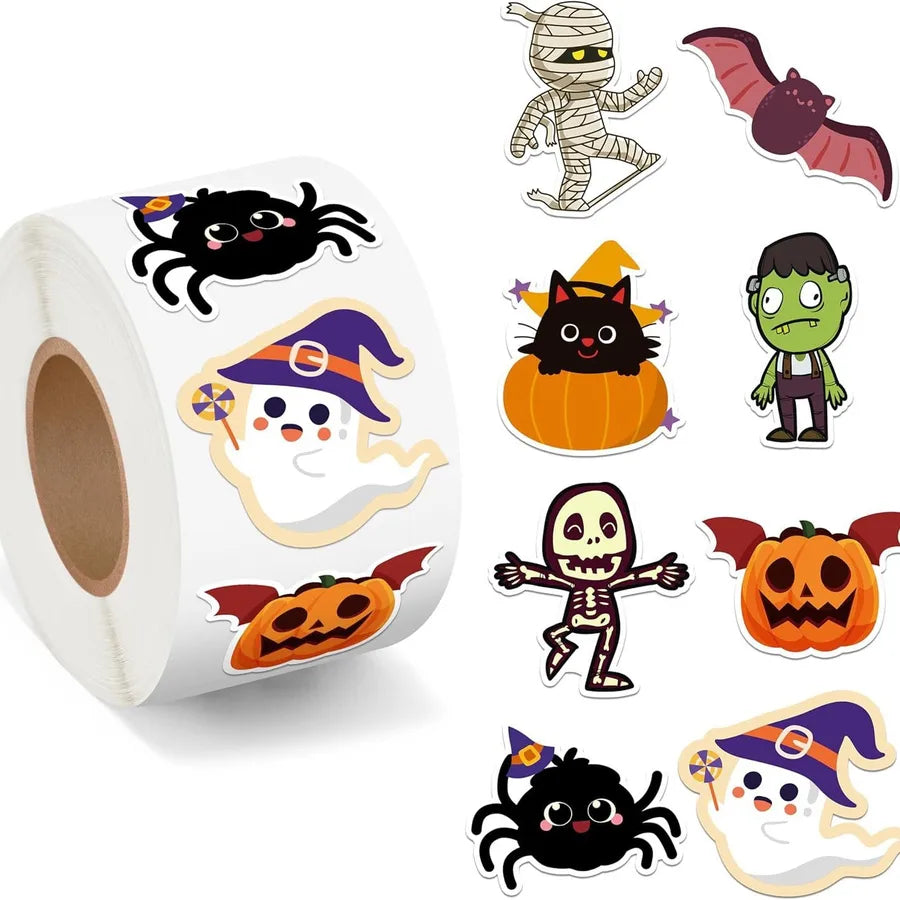 Halloween Sticker Roll Cute Pumpkin Ghost Skeleton Spider Bat Self Adhesive Label Flower Paper Material Non-drying Glue