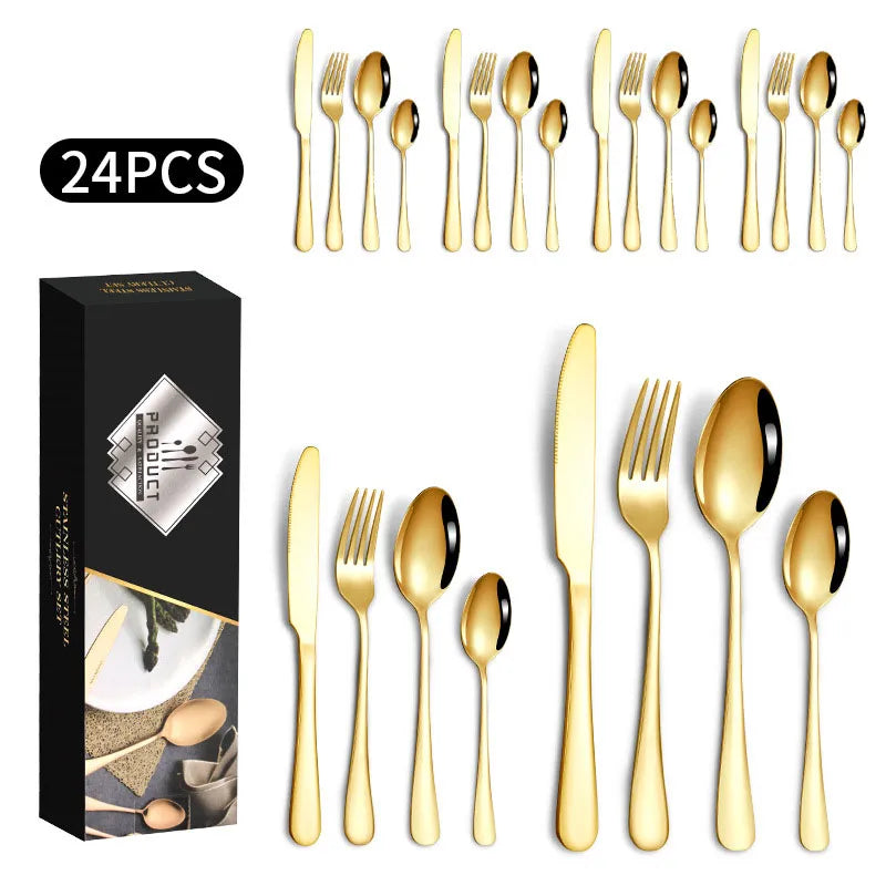 1010 stainless steel tableware 24-piece golden steak knife, fork and spoon gift box Western tableware suit
