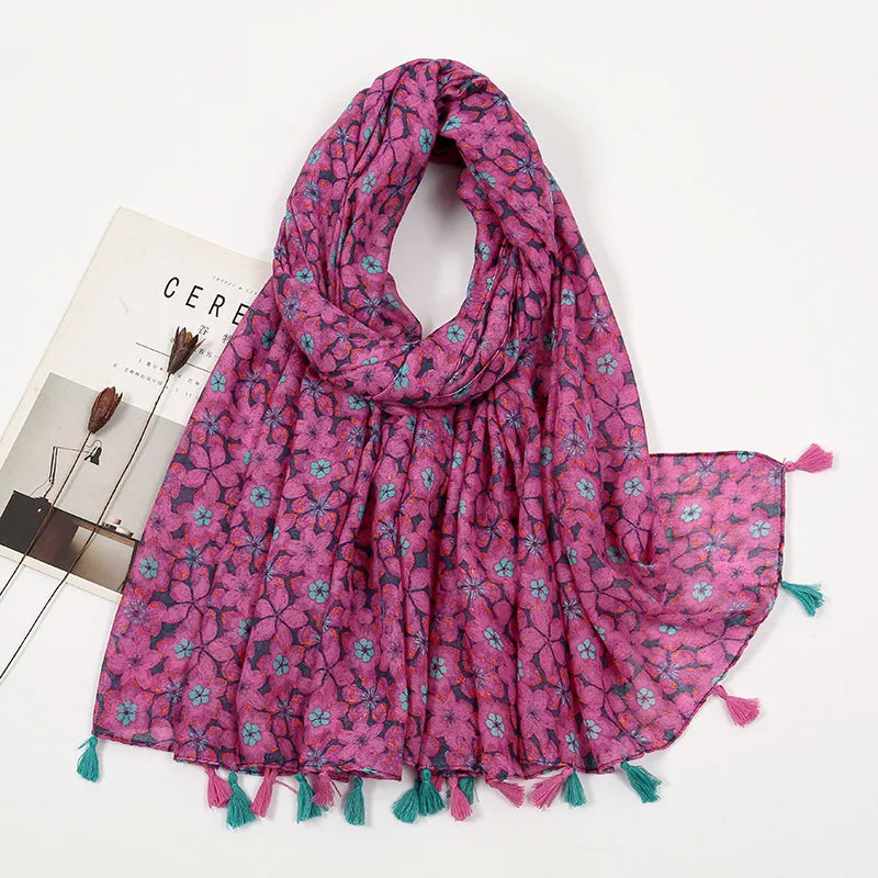 women's sweet flower cotton and linen tassel silk scarves