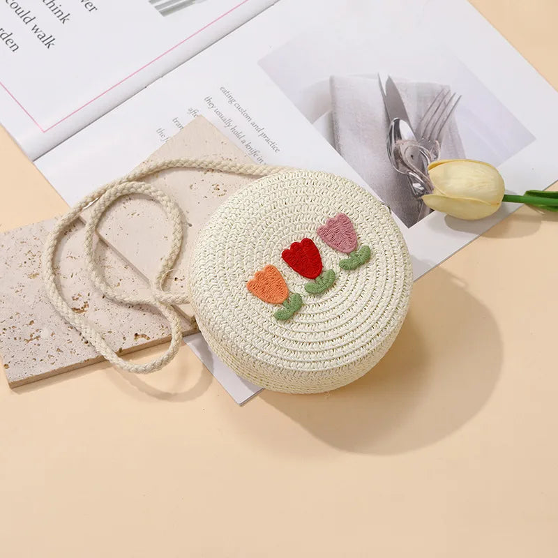 Summer Back Seaside Woven Children's Bag Female All-Match and Cute Little Girl Tulip Straw Bag Vacation Style