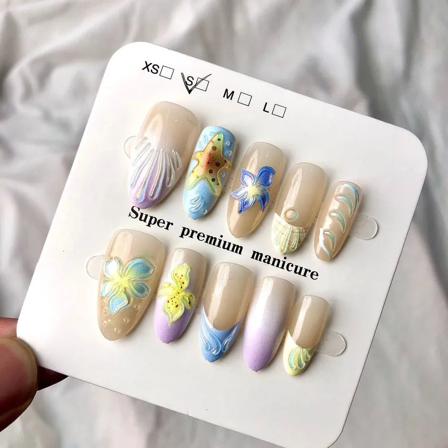 Handmade Almond Nail Press-Ons 3D Floral Shell Design Gradient White Effect European Style Nail Art False Nails Set