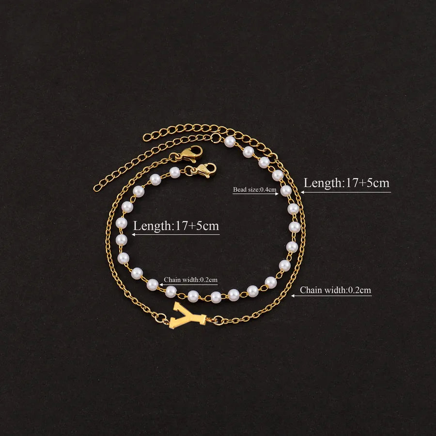 Elegant Simple Style Classic Style Letter 201 Stainless Steel 304 Stainless Steel Imitation Pearl Beaded Chain cable chain Beaded Bracelets Wholesale