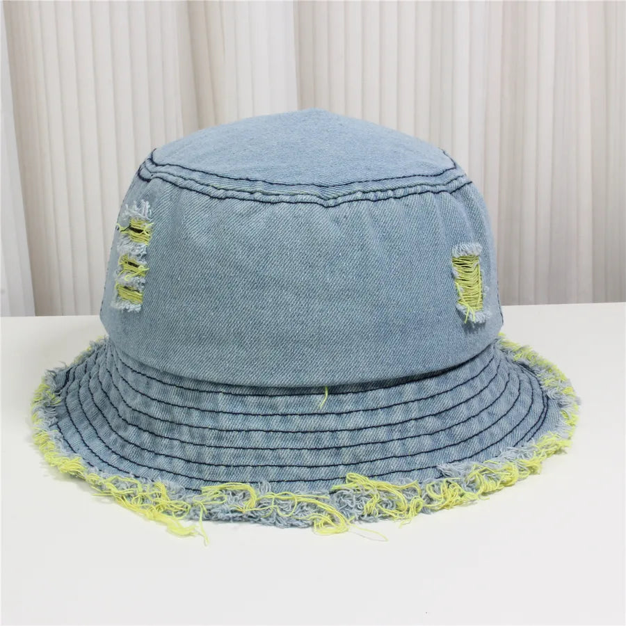 Retro New Style Denim Fishing Cap Women's Harajuku Sun Protection Bucket Hat Cuffed Tear Design Casual Versatile Streetwear