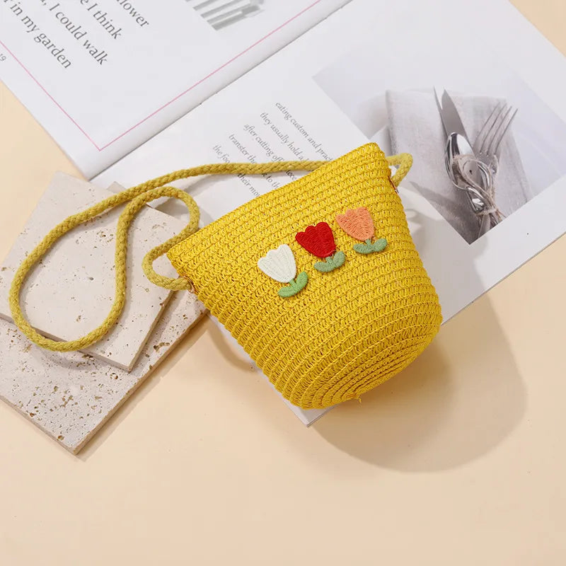 Summer Back Seaside Woven Children's Bag Female All-Match and Cute Little Girl Tulip Straw Bag Vacation Style