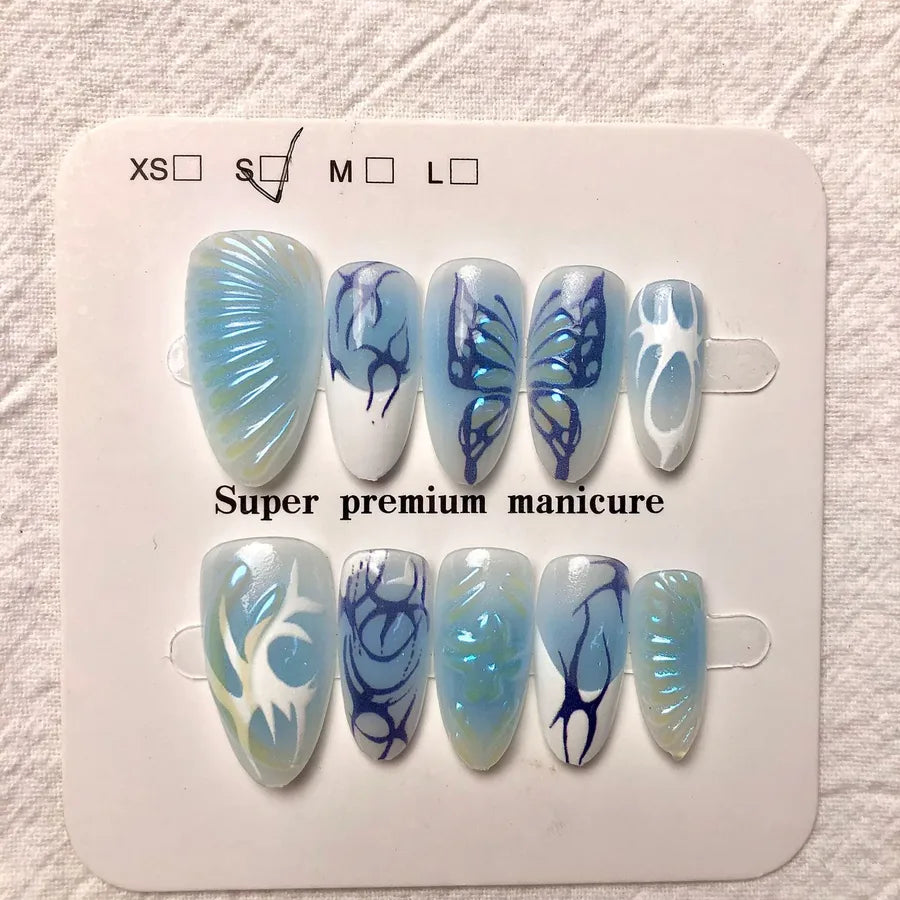 Handmade Almond Nail Press-Ons 3D Floral Shell Design Gradient White Effect European Style Nail Art False Nails Set
