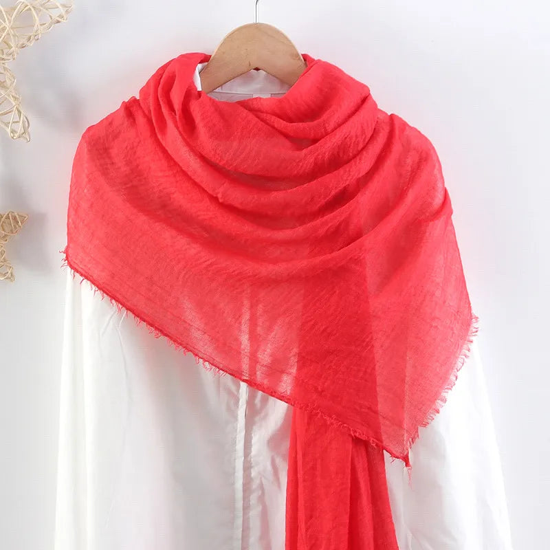 Hot selling solid color pleated cotton and linen scarf women's bag headscarf crumpled hair fringe bubble scarf women's scarf cover head