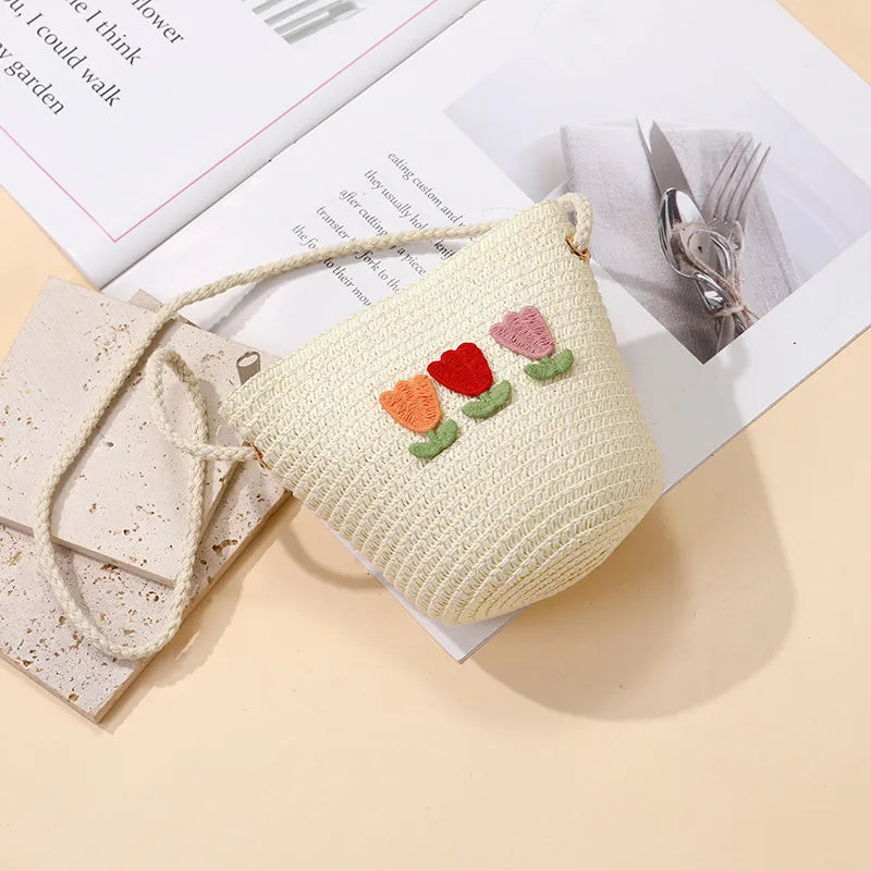 Summer Back Seaside Woven Children's Bag Female All-Match and Cute Little Girl Tulip Straw Bag Vacation Style