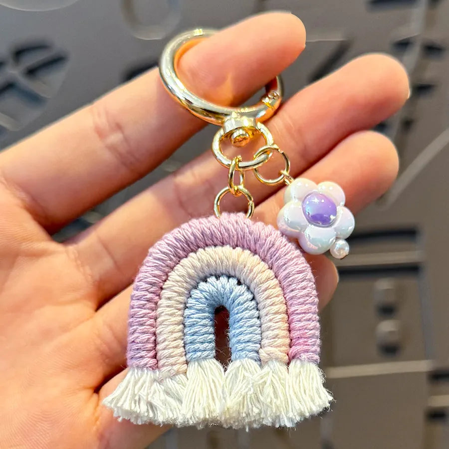 Cute Metal Keychain Pendant Beaded Bookbag Girl's Bag Charm Style Cartoon Design Half Handmade Flower