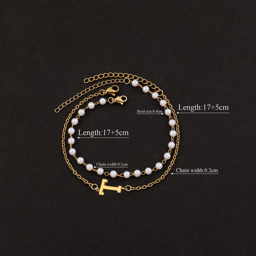 Elegant Simple Style Classic Style Letter 201 Stainless Steel 304 Stainless Steel Imitation Pearl Beaded Chain cable chain Beaded Bracelets Wholesale