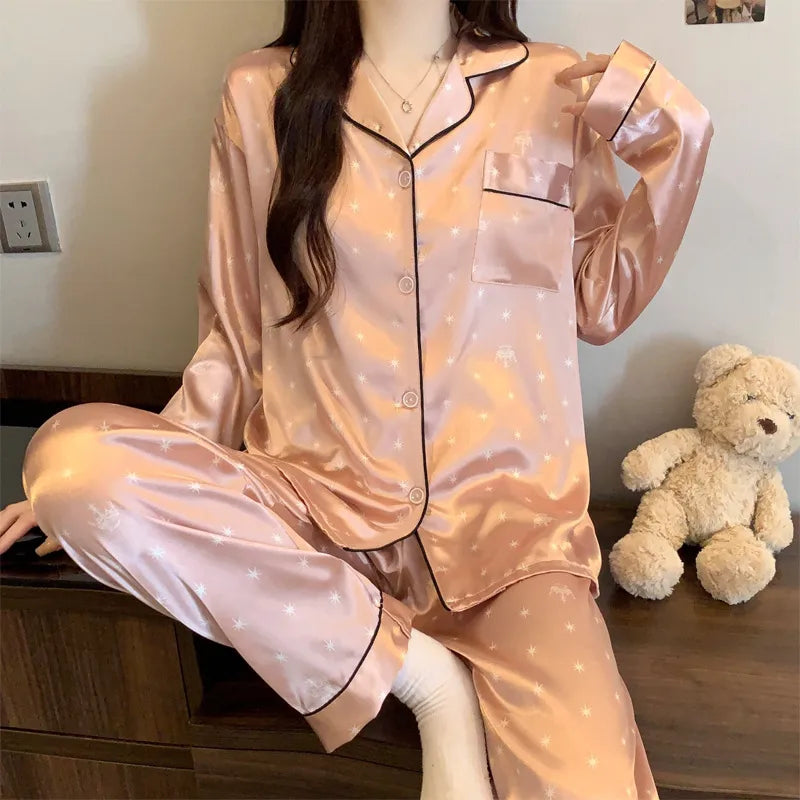 French Anti-Aging Sleepwear Women's Spring Autumn New Simple Polka Dot Long Sleeve Long Pants Ice Silk Home Clothes Fashion Set
