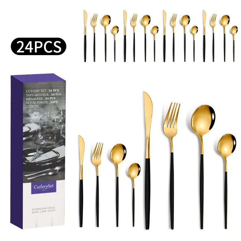 1010 stainless steel tableware 24-piece golden steak knife, fork and spoon gift box Western tableware suit