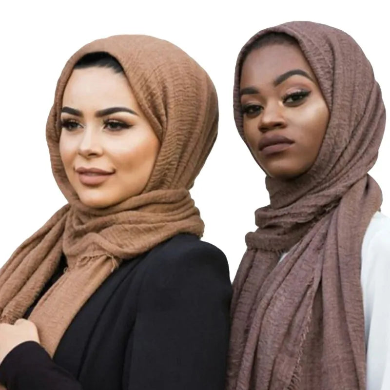 Hot selling solid color pleated cotton and linen scarf women's bag headscarf crumpled hair fringe bubble scarf women's scarf cover head