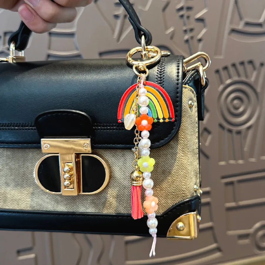 Cute Metal Keychain Pendant Beaded Bookbag Girl's Bag Charm Style Cartoon Design Half Handmade Flower