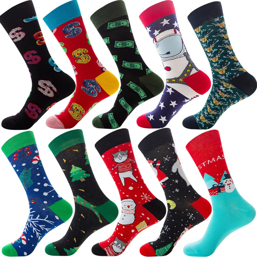 Men's Modern Style Classic Style Color Block Stripe Fruit Cotton Crew Socks A Set of 10 Pairs