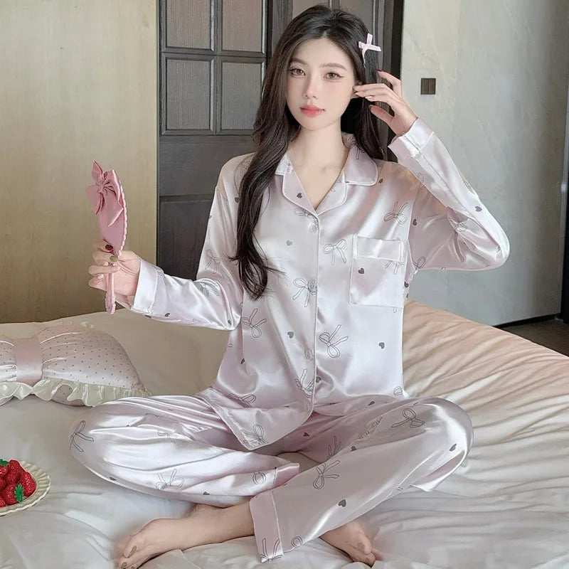 French Anti-Aging Sleepwear Women's Spring Autumn New Simple Polka Dot Long Sleeve Long Pants Ice Silk Home Clothes Fashion Set