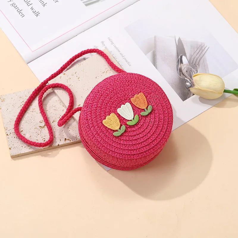 Summer Back Seaside Woven Children's Bag Female All-Match and Cute Little Girl Tulip Straw Bag Vacation Style