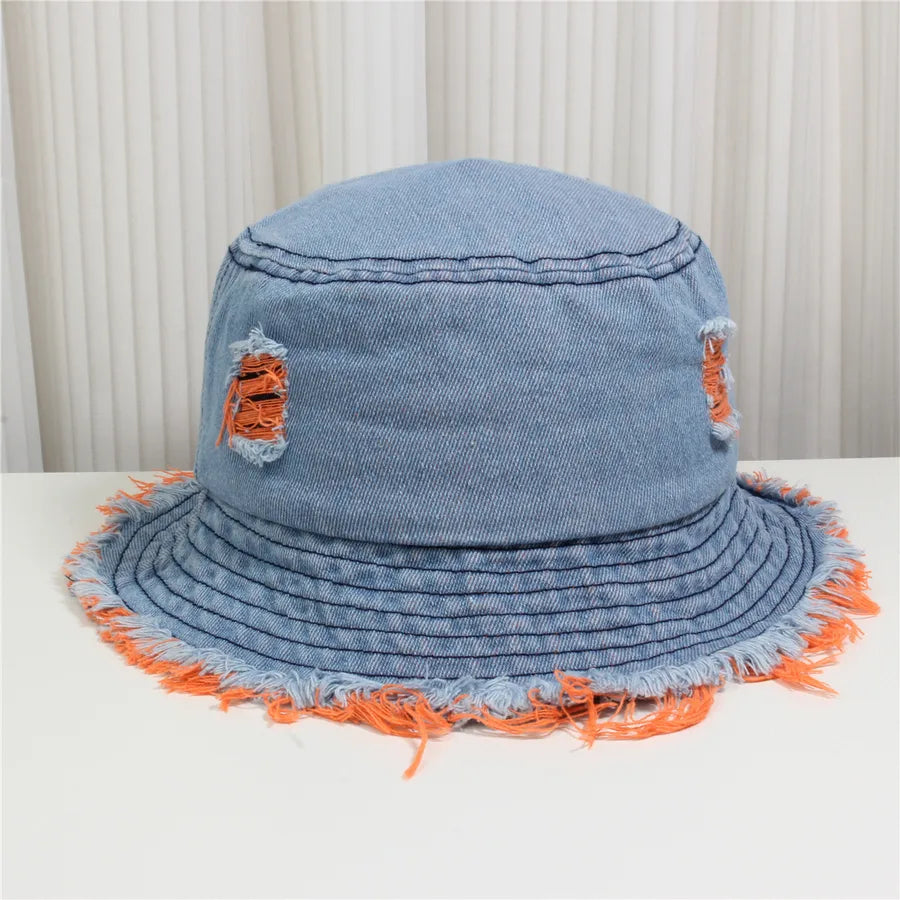Retro New Style Denim Fishing Cap Women's Harajuku Sun Protection Bucket Hat Cuffed Tear Design Casual Versatile Streetwear