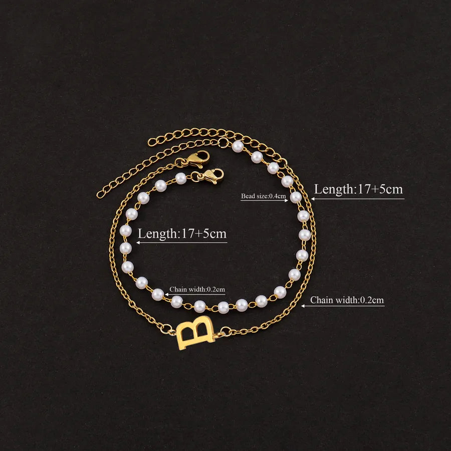 Elegant Simple Style Classic Style Letter 201 Stainless Steel 304 Stainless Steel Imitation Pearl Beaded Chain cable chain Beaded Bracelets Wholesale
