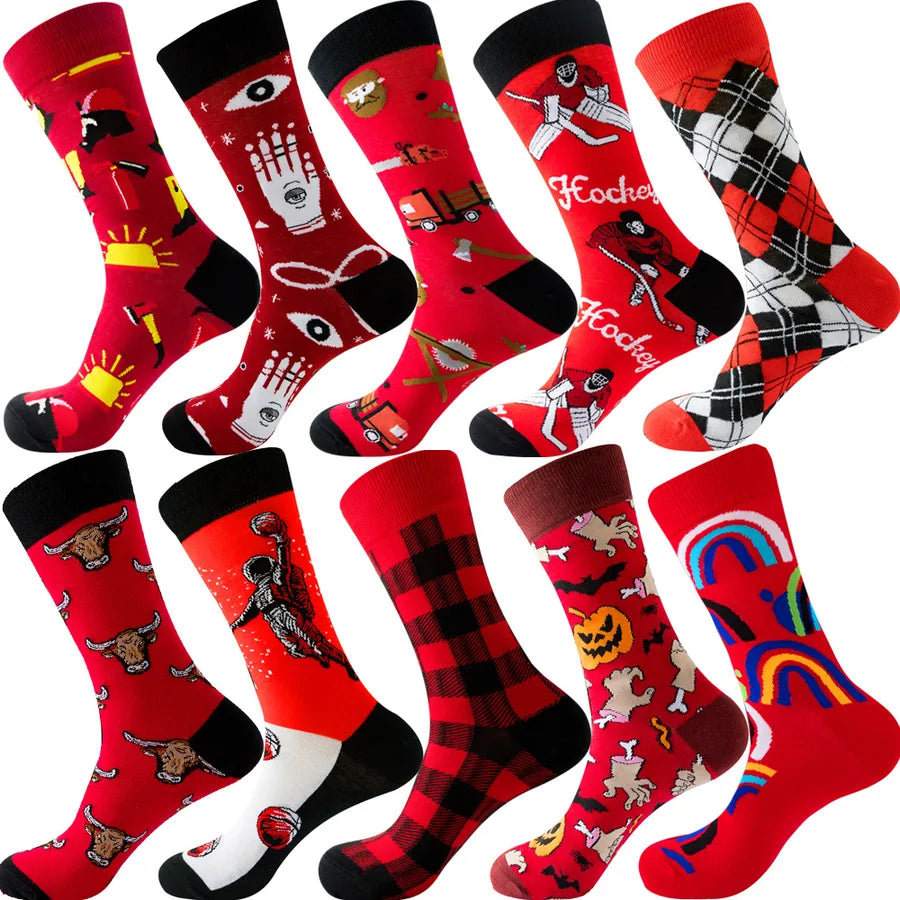 Men's Modern Style Classic Style Color Block Stripe Fruit Cotton Crew Socks A Set of 10 Pairs