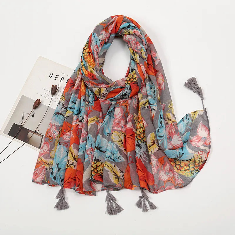 women's sweet flower cotton and linen tassel silk scarves