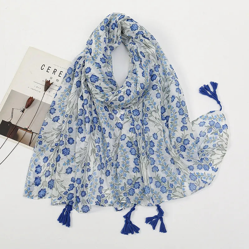 women's sweet flower cotton and linen tassel silk scarves