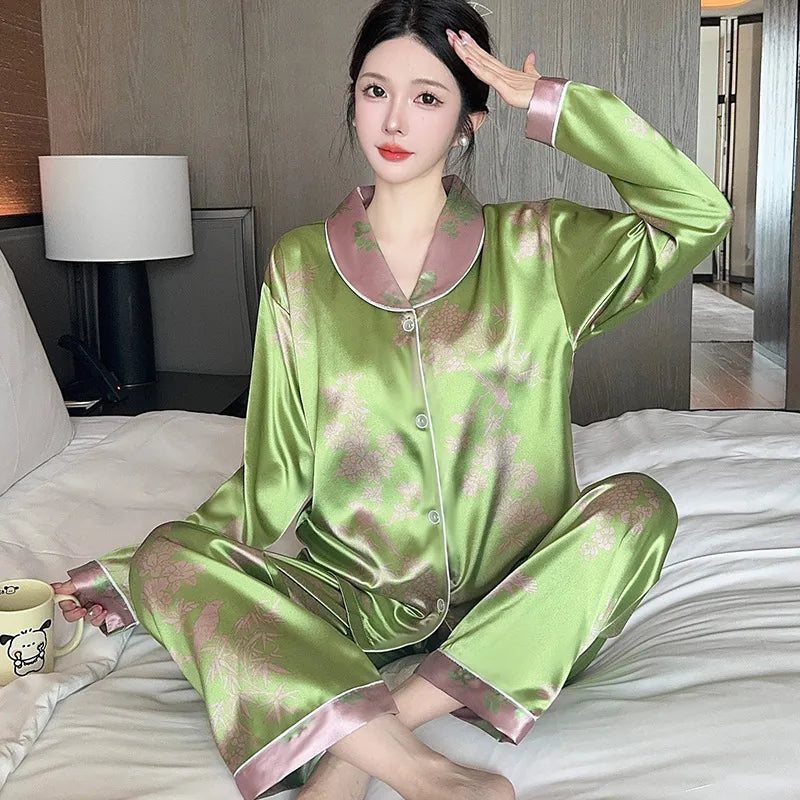 French Anti-Aging Sleepwear Women's Spring Autumn New Simple Polka Dot Long Sleeve Long Pants Ice Silk Home Clothes Fashion Set