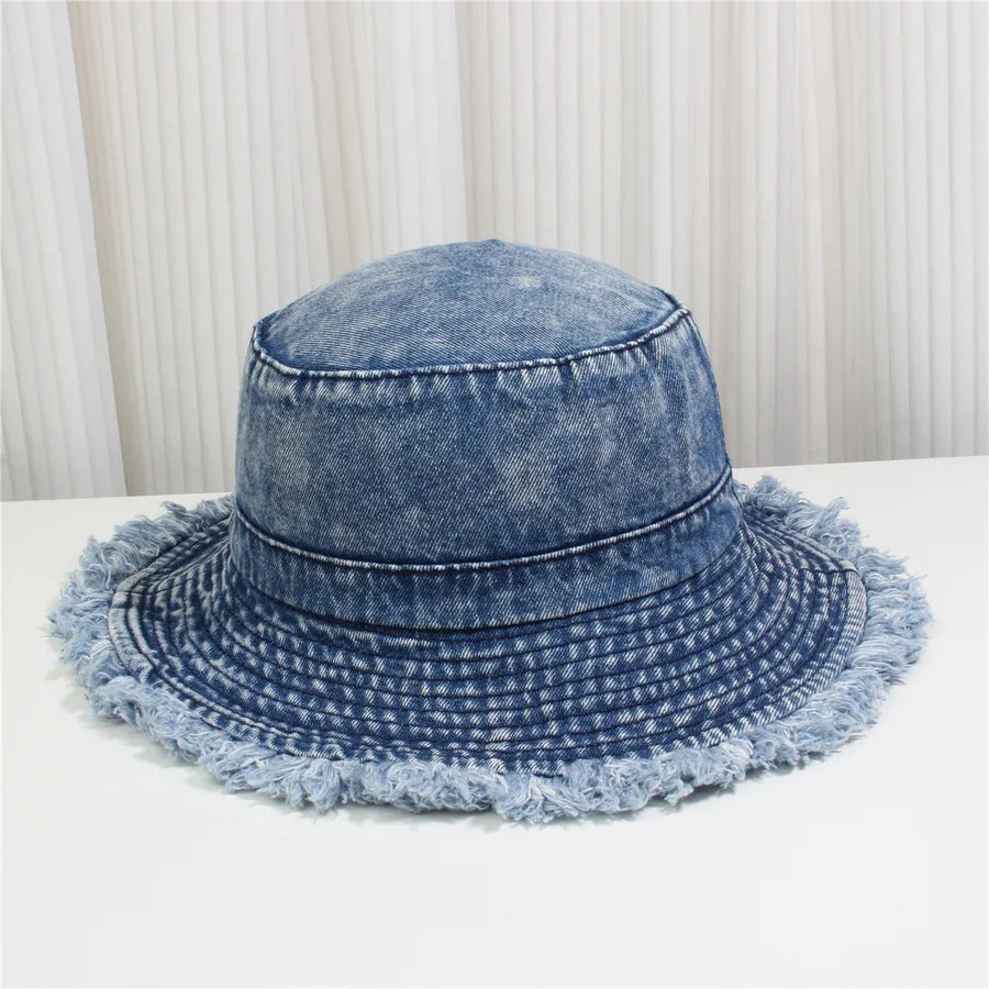 Retro New Style Denim Fishing Cap Women's Harajuku Sun Protection Bucket Hat Cuffed Tear Design Casual Versatile Streetwear