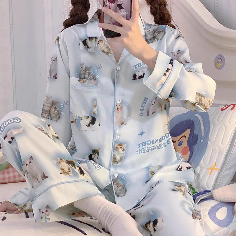 French Anti-Aging Sleepwear Women's Spring Autumn New Simple Polka Dot Long Sleeve Long Pants Ice Silk Home Clothes Fashion Set