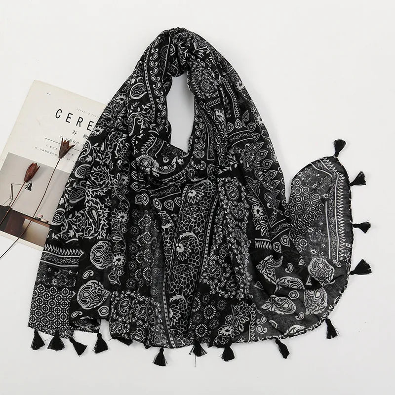 women's sweet flower cotton and linen tassel silk scarves