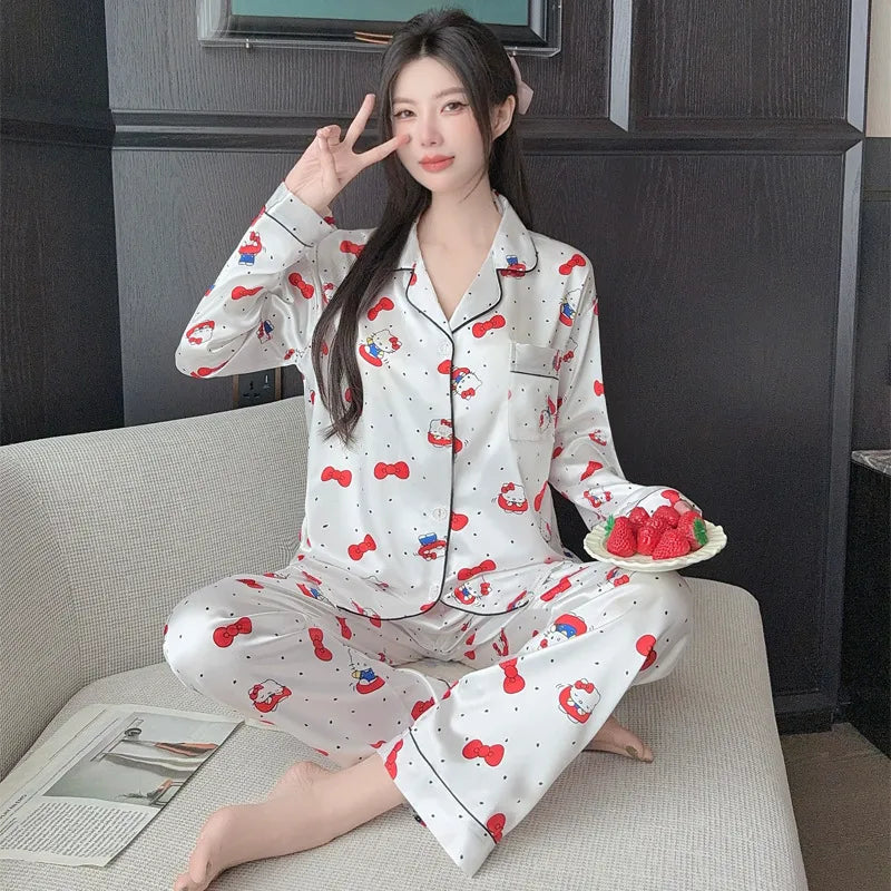 French Anti-Aging Sleepwear Women's Spring Autumn New Simple Polka Dot Long Sleeve Long Pants Ice Silk Home Clothes Fashion Set